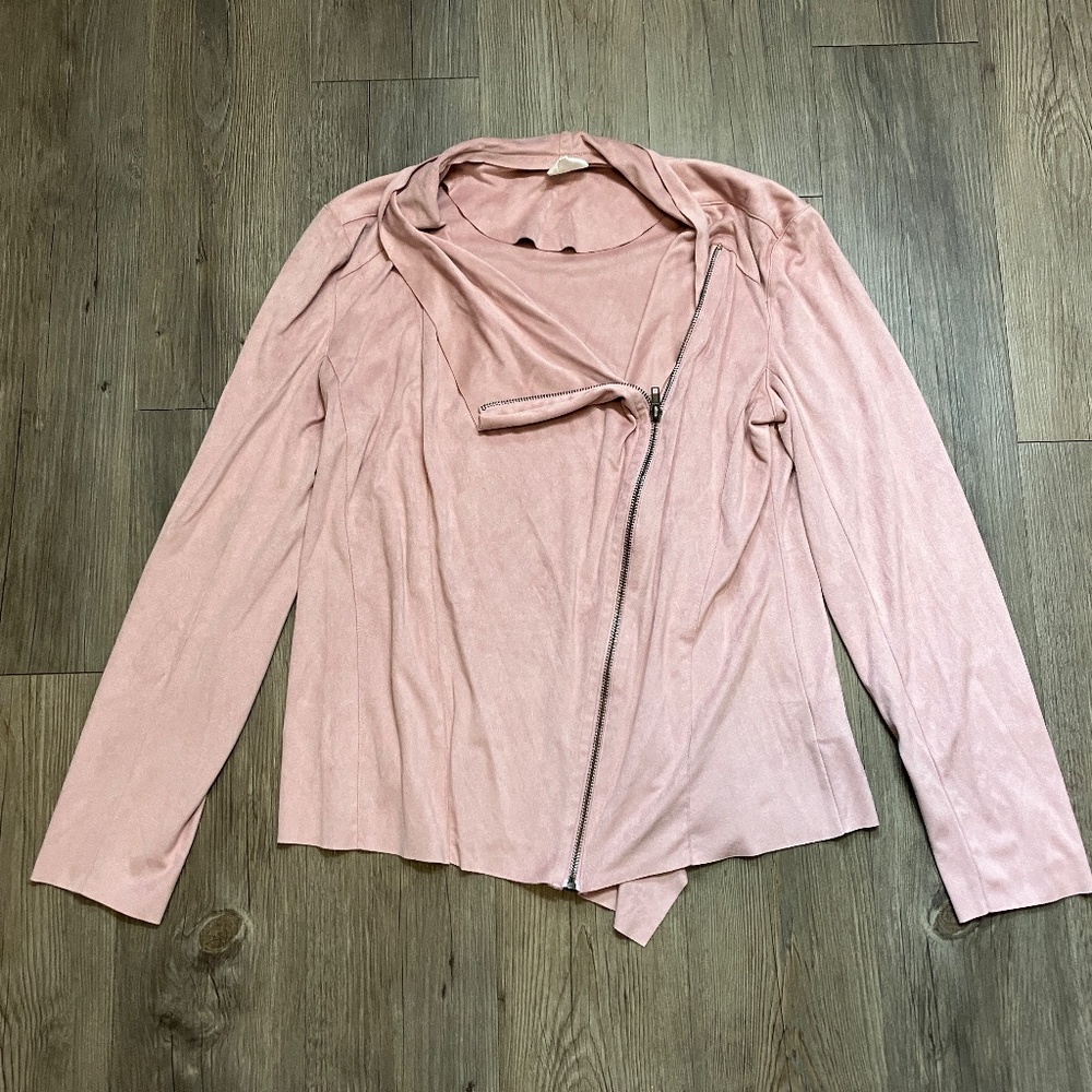 Mote XL pink faux suede zip up jacket w/cascade-drape collar